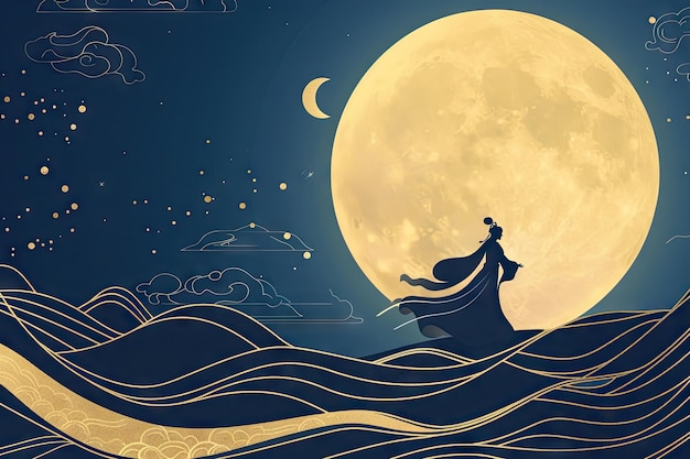 a poster for a woman in a kimono with a full moon in the background