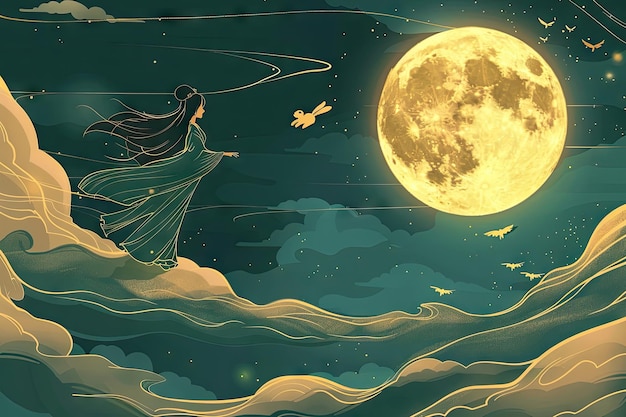 a poster for a woman in a kimono with a full moon in the background