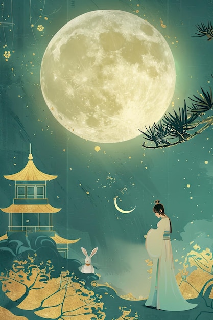 a poster for a woman in a kimono with a full moon in the background