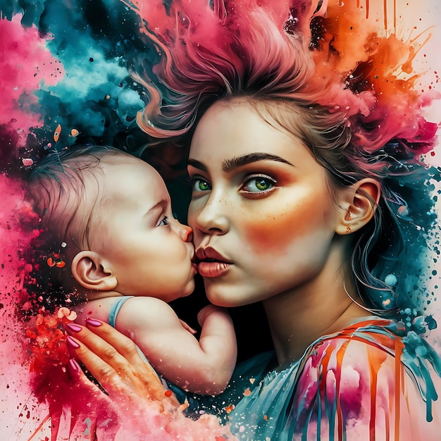 A poster of woman kissing a baby with multicolored background