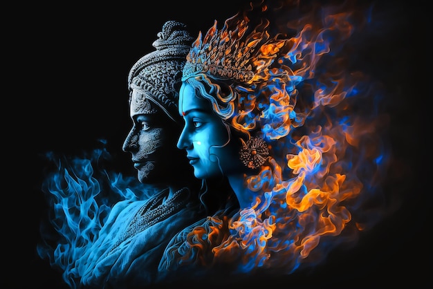 A poster of a woman and a man with a blue head and a head with a flame on it.