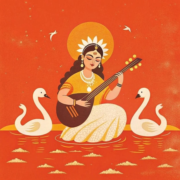 Photo a poster of a woman playing a guitar with swans in the background