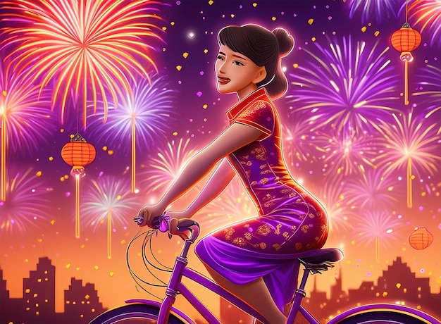 poster of a woman riding a bike with fireworks in the background