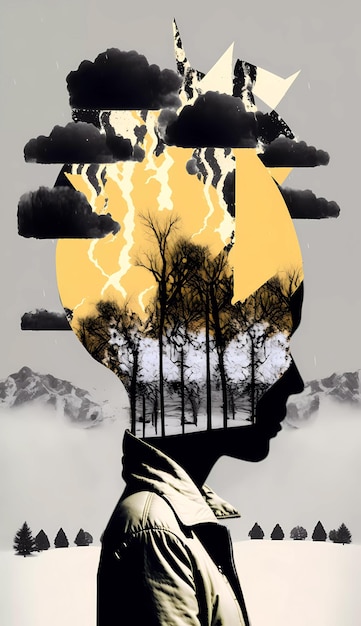 A poster for a woman's head with a picture of a forest and the sun behind her.