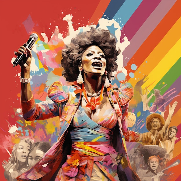 a poster of a woman singing with a microphone in front of a colorful background