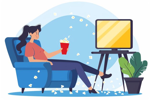 a poster of a woman watching a movie with a popcorn and a drink