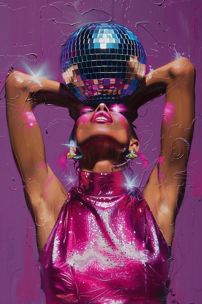 Photo a poster of a woman with a disco ball and a purple background