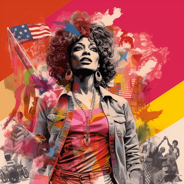 a poster for a woman with a flag and a woman wearing a shirt that says  the american flag