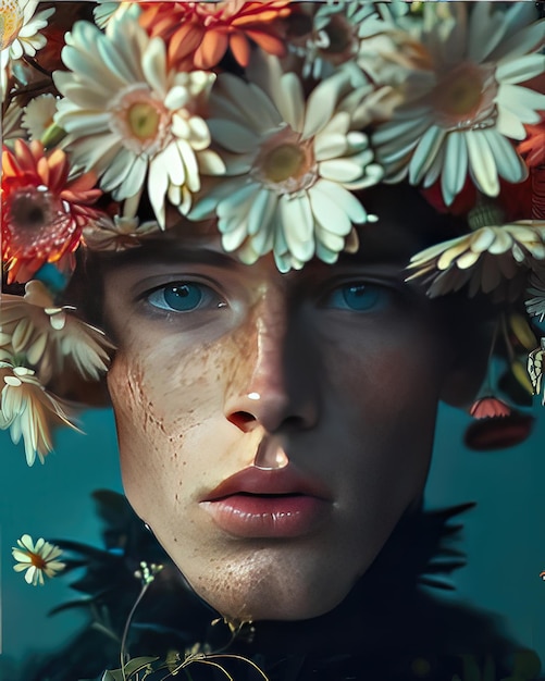 Photo a poster for a woman with flowers on her head and the word  wild  on it