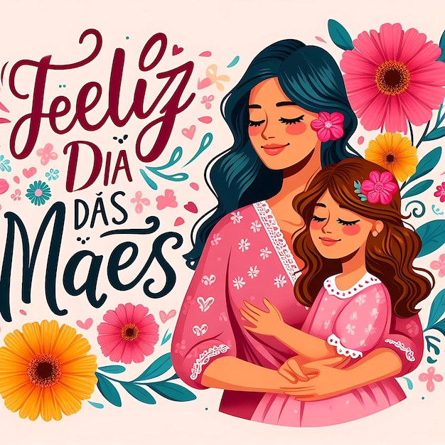 a poster for a woman with a girl and flowers mothers day lettering in spanish