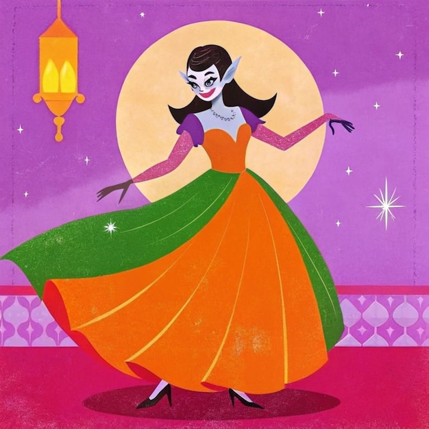 a poster for a woman with a green dress and a purple background with stars