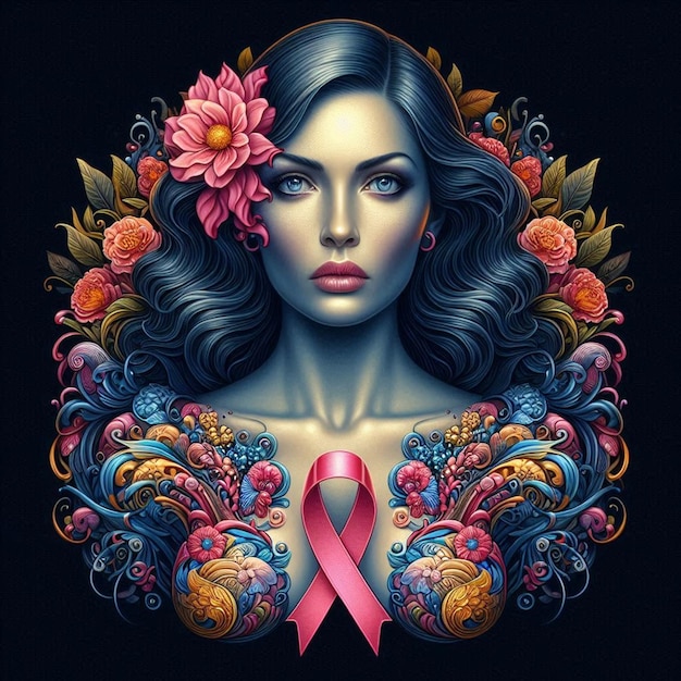 a poster of a woman with a pink ribbon around her neck