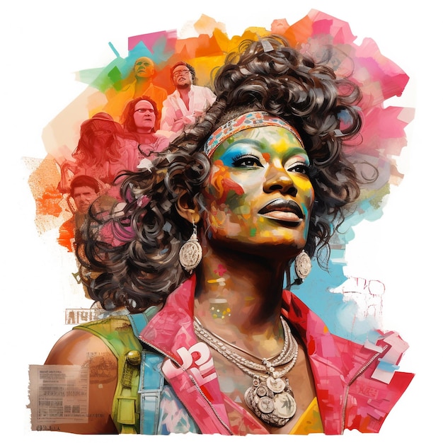 a poster of a woman with a rainbow colored face and a multicolored background