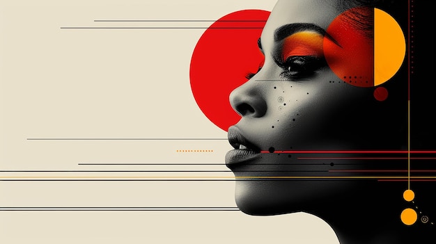 a poster for a woman with a red eye and a red eye