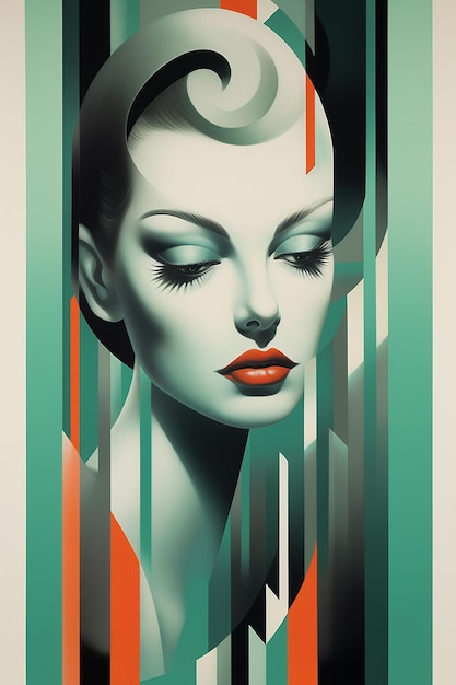 a poster of a woman with a red lip and a green and orange background