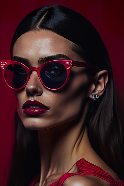 A poster for a woman with red sunglasses and a red background.