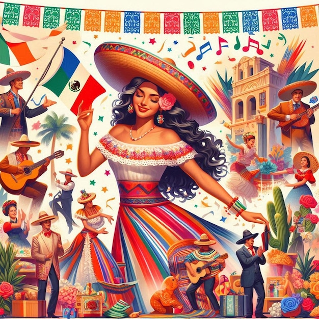 a poster of a woman with a sombrero on her head and a colorful hat