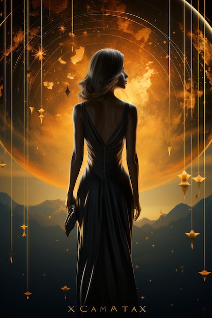 A poster of a woman with a sun background