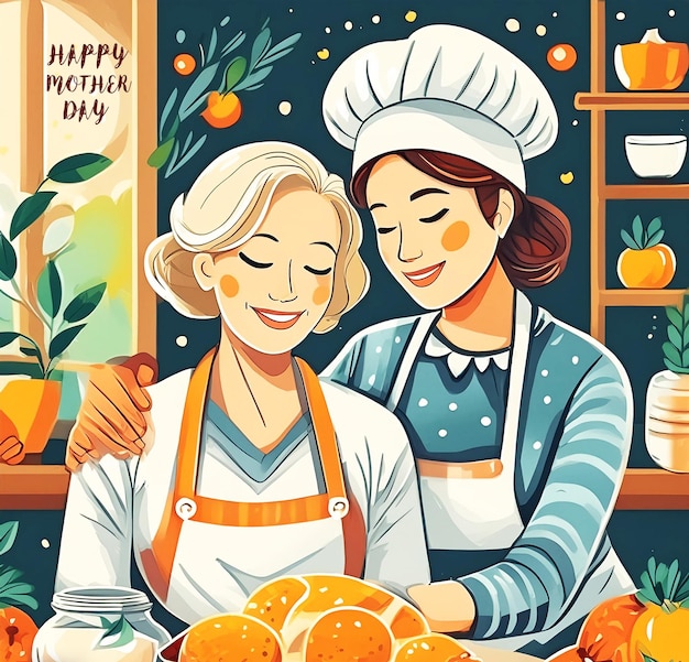 a poster of a woman and a woman in an apron with the words happy birthday on it