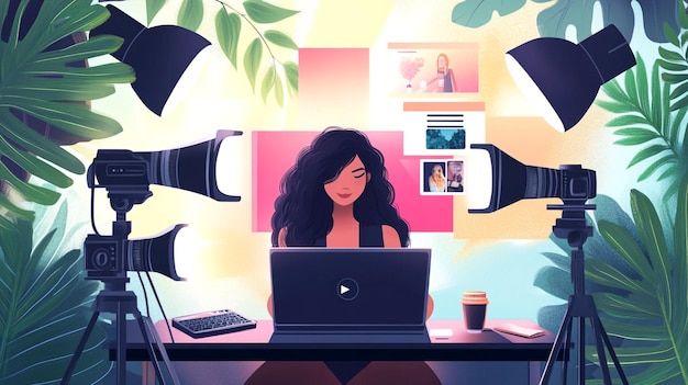 a poster of a woman working at a desk with a laptop and a picture of a woman on the wall