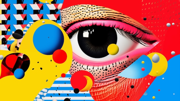 a poster of a womans eye with a colorful eye and a colorful eye with dots