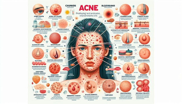 a poster of a womans face with the words acne on it