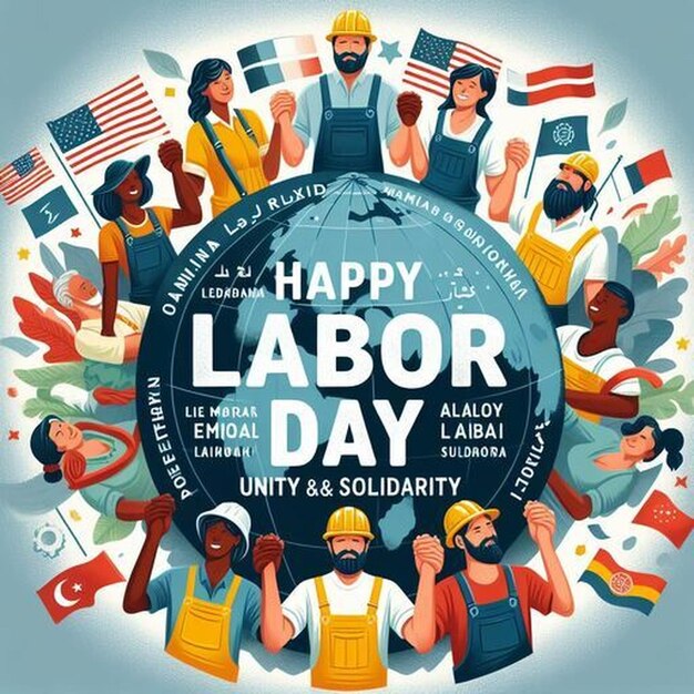 a poster of workers holding flags and a globe with the words happy day on it