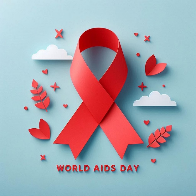 a poster for world aids day with a red ribbon and a heart on it