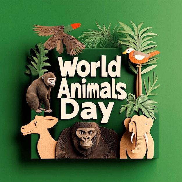 a poster for world animals day is displayed on a green background