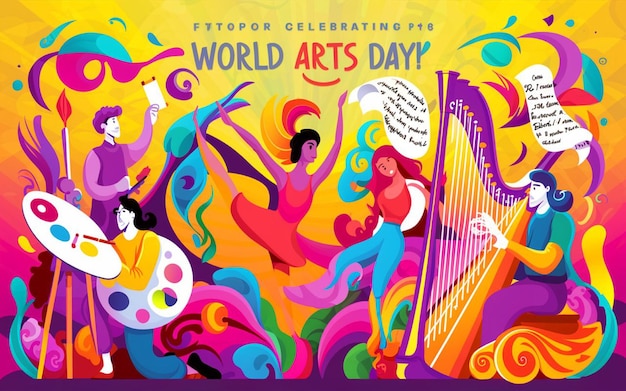 a poster for world art day celebration with a colorful background