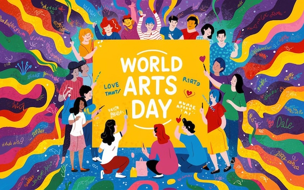 a poster for world art day featuring a group of people