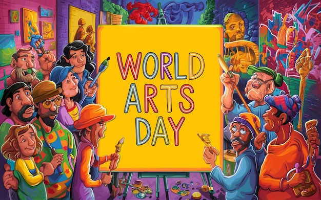 a poster for world art day that is on a yellow background