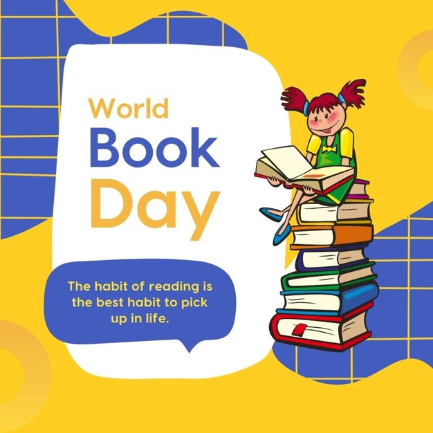 a poster for world book day with a girl on top of it