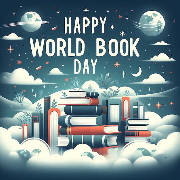 Photo a poster for a world book with the words happy world written on it