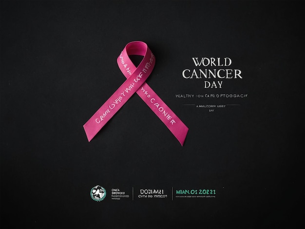 poster for world can be seen on a black background with a pink ribbon