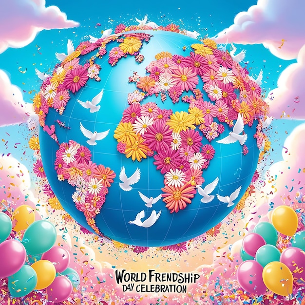 a poster for the world celebrating friendship with balloons and birds