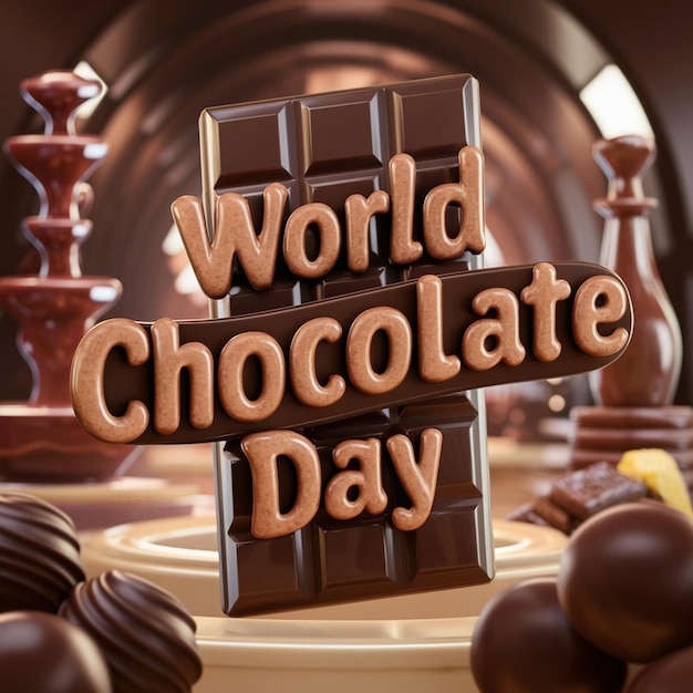 a poster of a world chocolate day poster with chocolates in the background