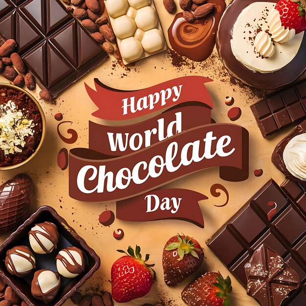 Photo a poster of a world chocolate day poster with a red ribbon around the top