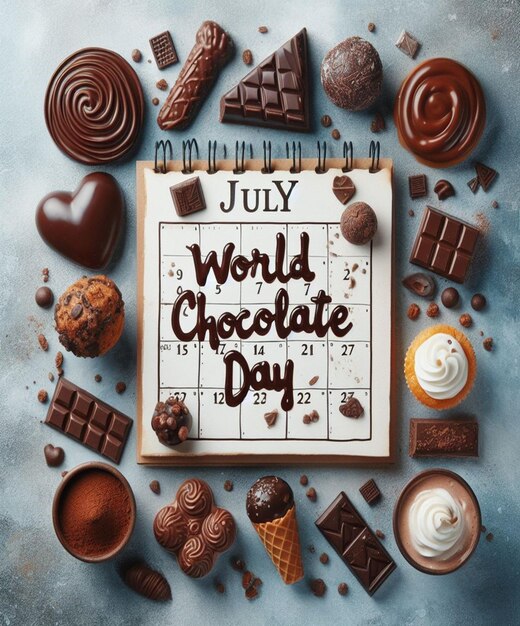 Photo a poster for world chocolate day with a brown background and a brown background with nuts around it