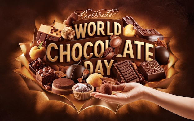 a poster for world chocolate day with a hand holding a box of chocolates