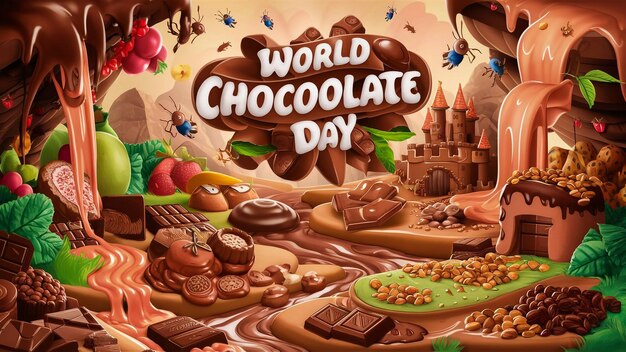 a poster for world chocolate day with a picture of a castle and a dragon