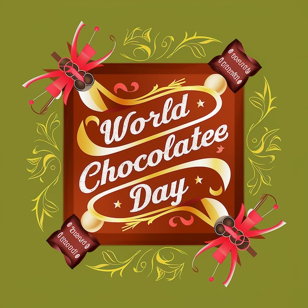 a poster of world chocolate day with a red ribbon around the top