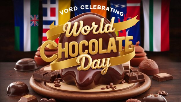 a poster of world chocolate with a gold ribbon around it