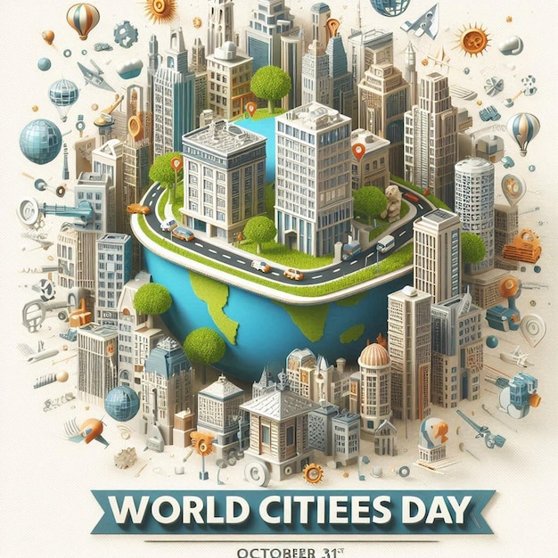 a poster for world city is shown with a picture of a city