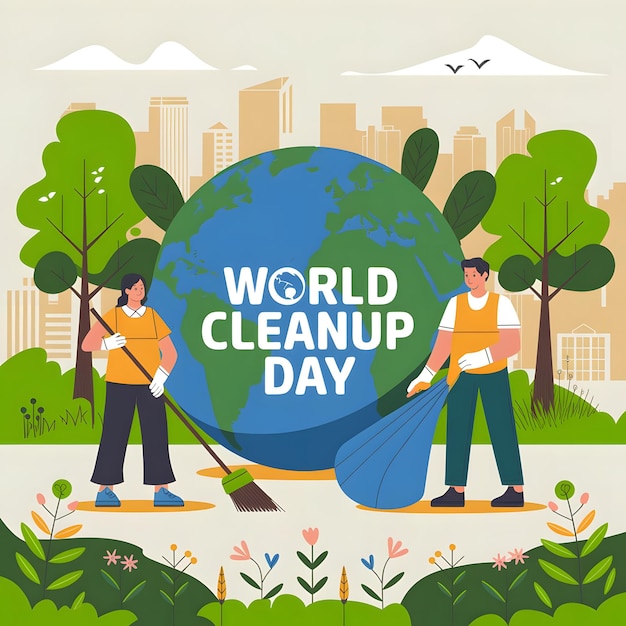 a poster for world clean day with people holding shovels