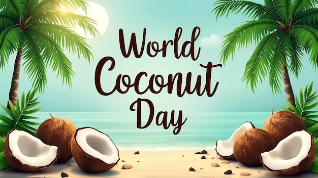 Photo poster for world coconut day with coconuts on the beach