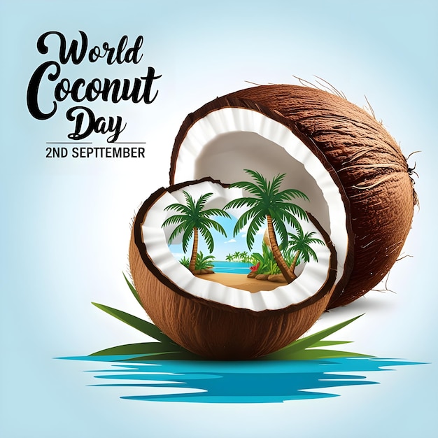 Photo poster for world coconut season with palm tree and water in the background