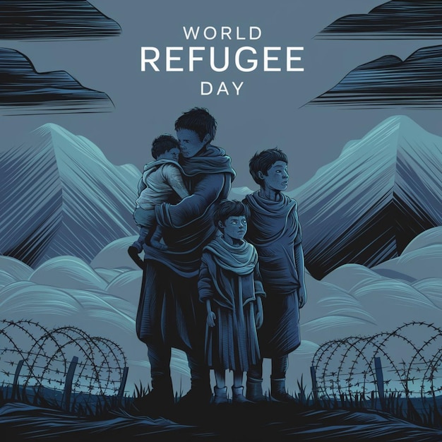 a poster for world day of refugees with a background of mountains and clouds