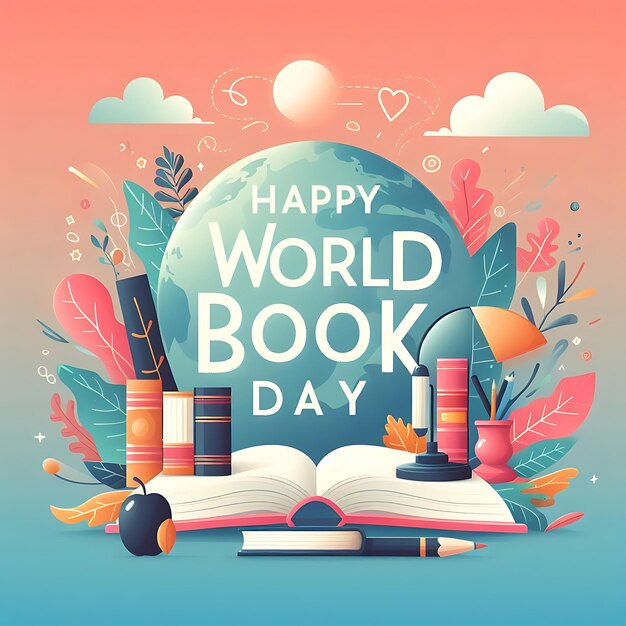 a poster for a world day with books and a sky background