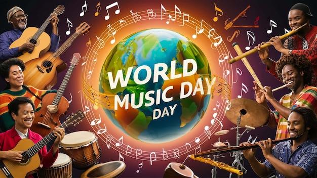 a poster for world day with music notes and a world map